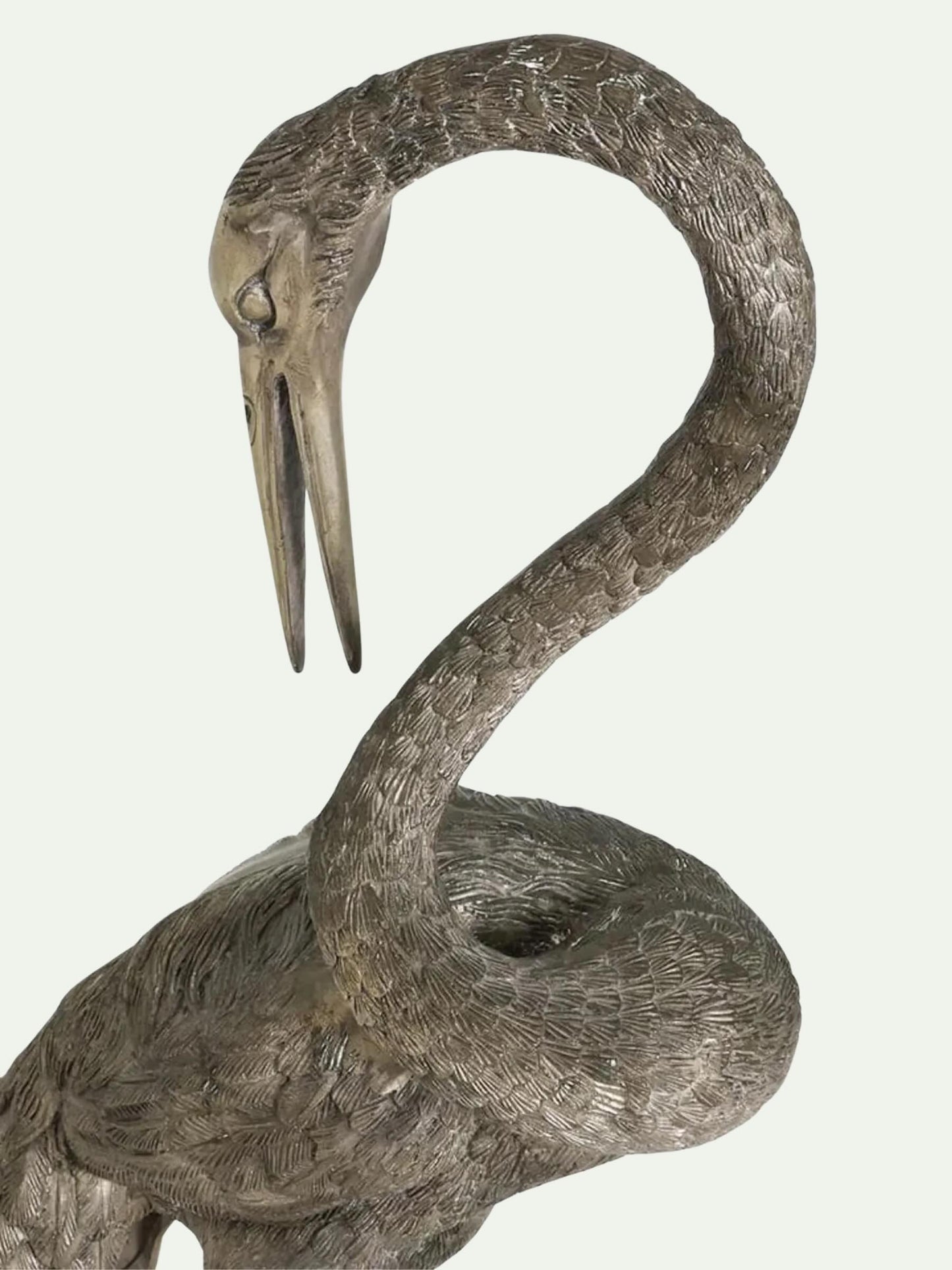 Monumental Pair of Silvered Crane Sculptures on Wooden Plinth Bases | 20th Century