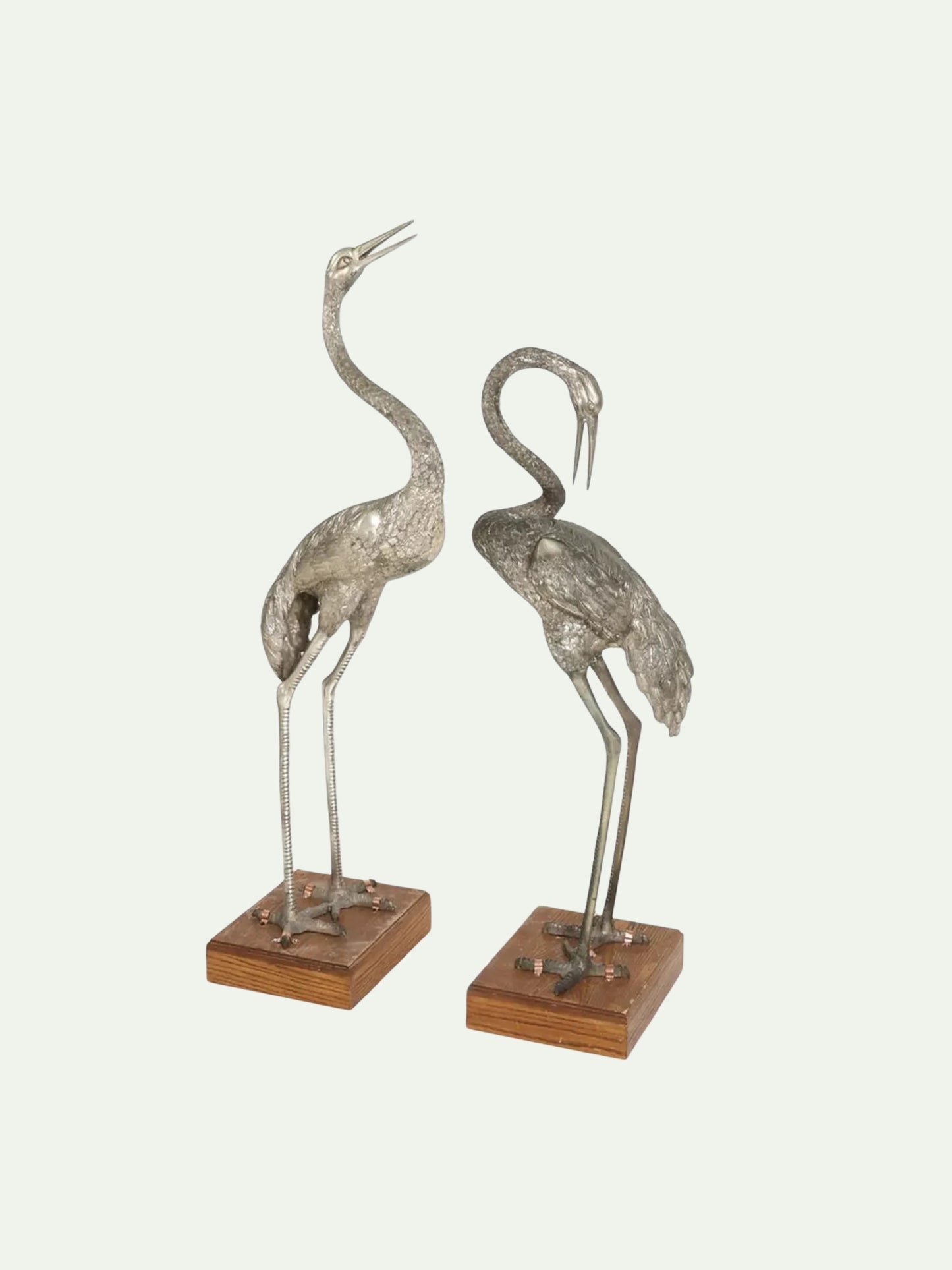 Monumental Pair of Silvered Crane Sculptures on Wooden Plinth Bases | 20th Century