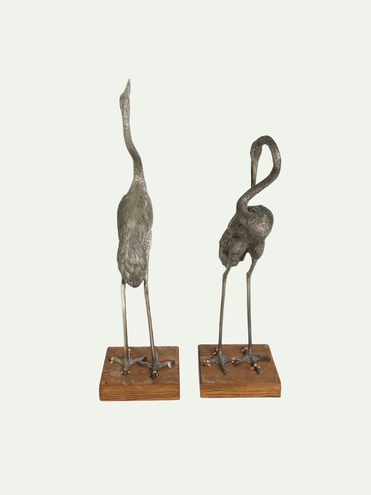 Monumental Pair of Silvered Crane Sculptures on Wooden Plinth Bases | 20th Century