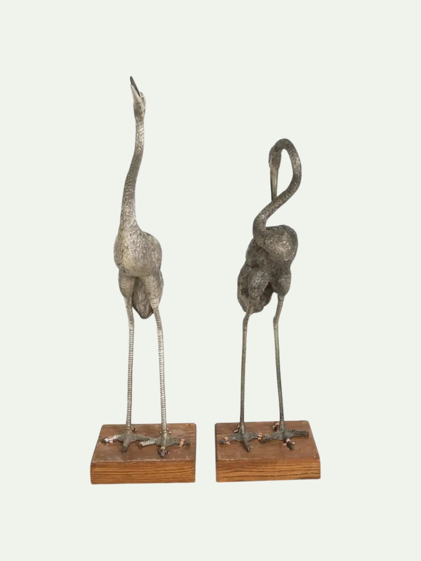Monumental Pair of Silvered Crane Sculptures on Wooden Plinth Bases | 20th Century