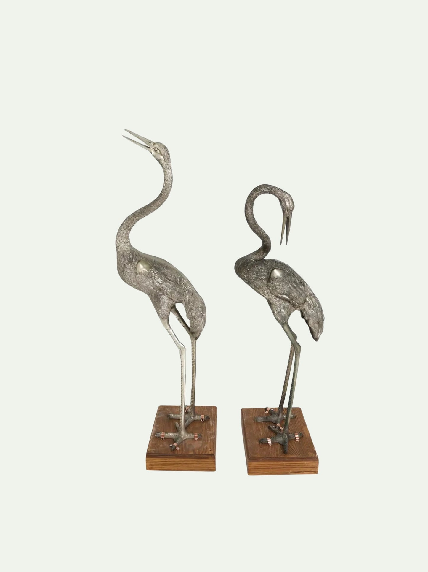Monumental Pair of Silvered Crane Sculptures on Wooden Plinth Bases | 20th Century