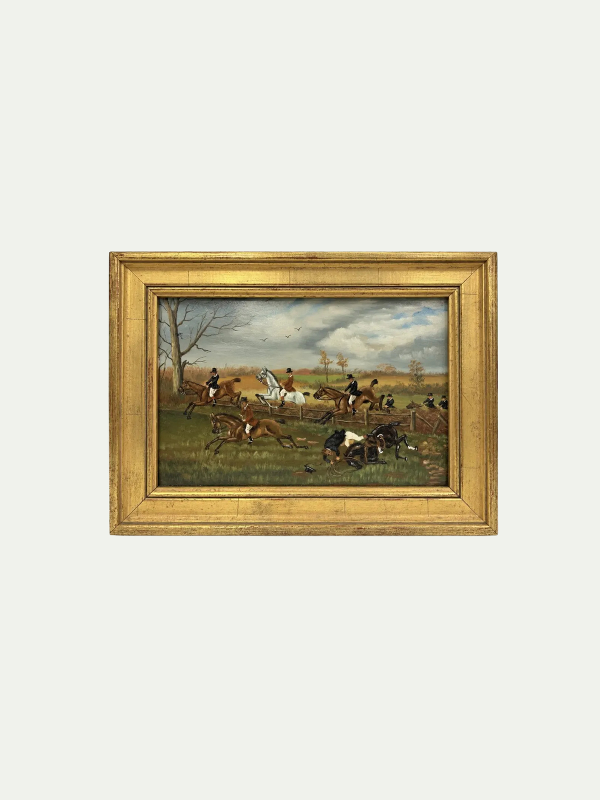 Oil on Board | English Sporting Fox Hunt Steeplechase in Gilt Frame