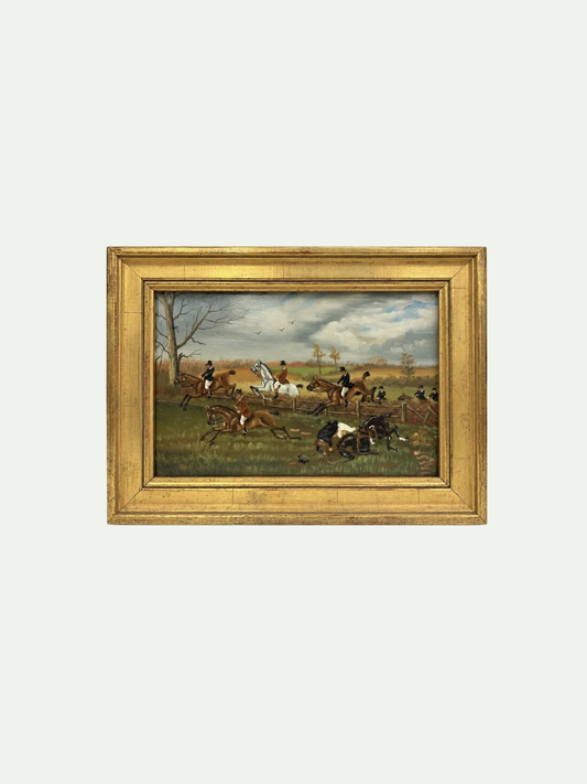 Oil on Board | English Sporting Fox Hunt Steeplechase in Gilt Frame