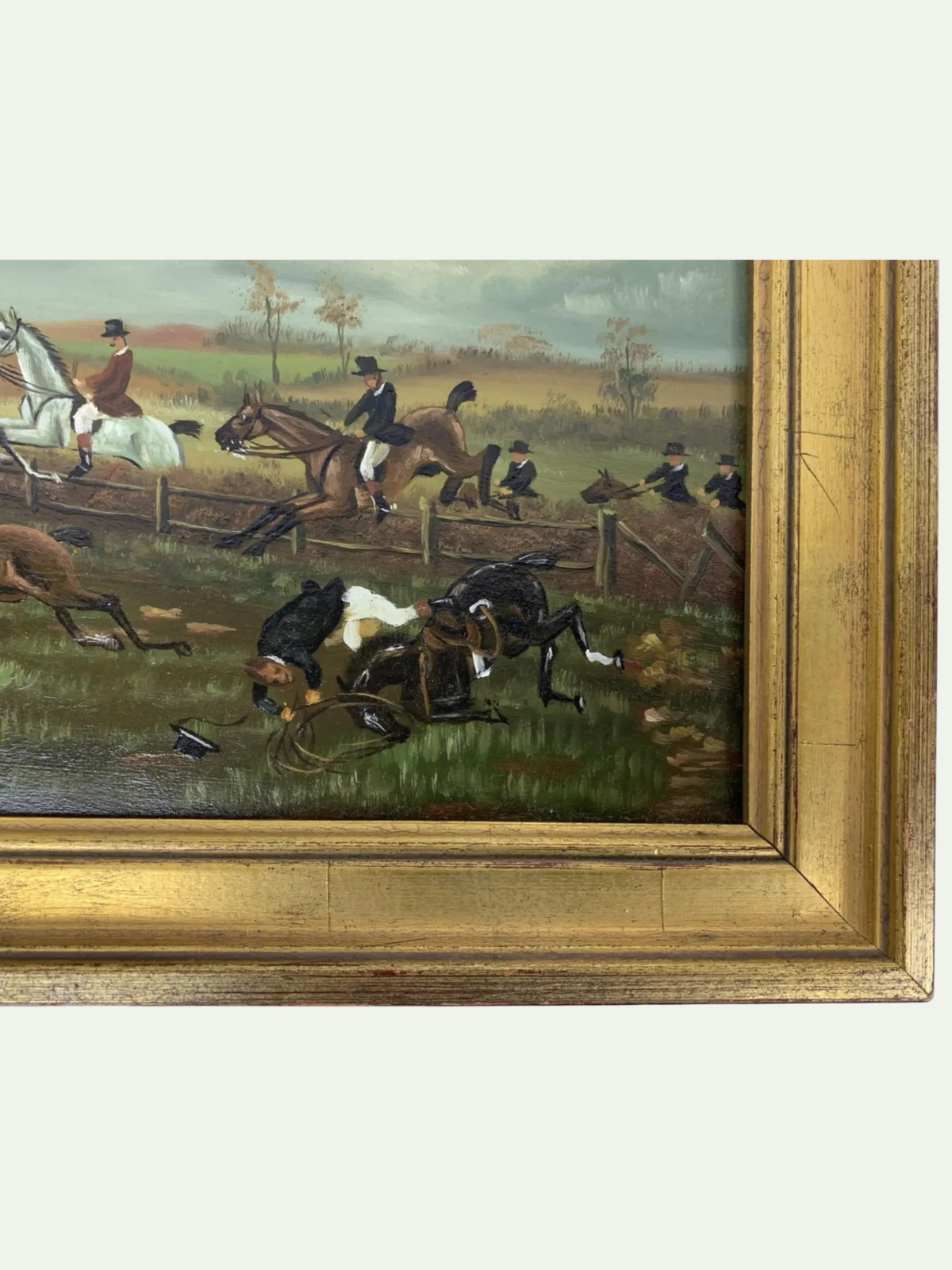 Corner - Oil on Board | English Sporting Fox Hunt Steeplechase in Gilt Frame