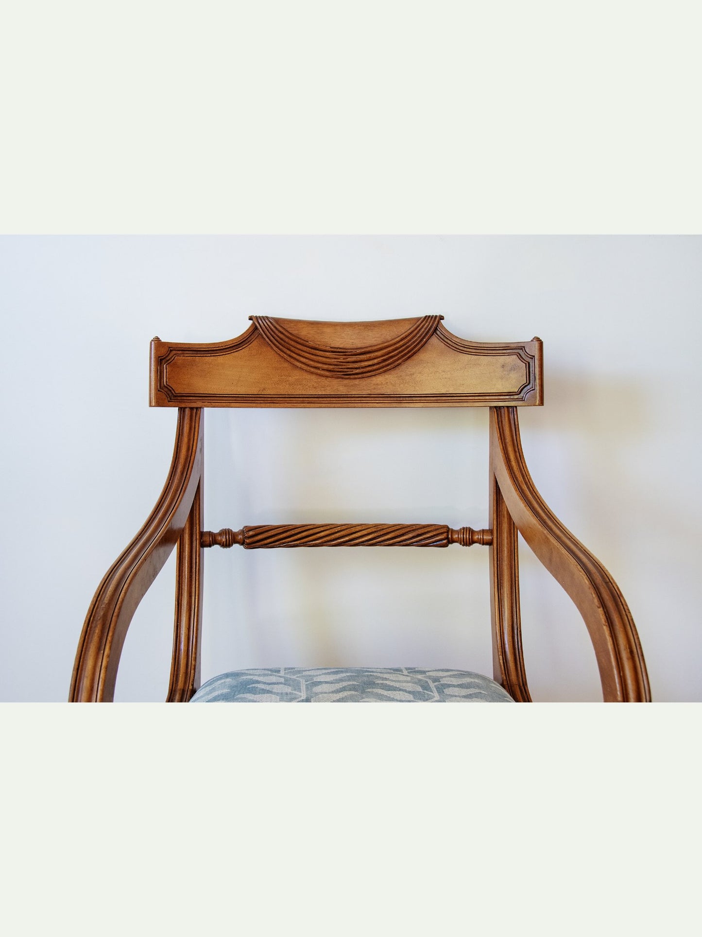 Pair of Custom Upholstered Regency Revival Scroll Arm Chairs in Honey Walnut Finish