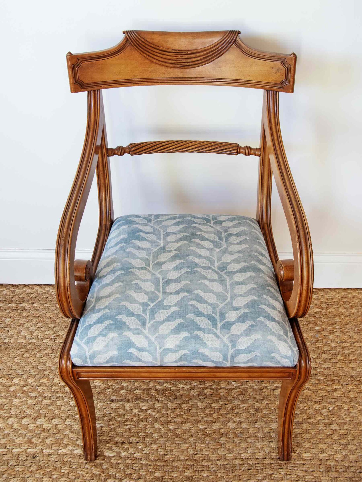 Pair of Custom Upholstered Regency Revival Scroll Arm Chairs in Honey Walnut Finish