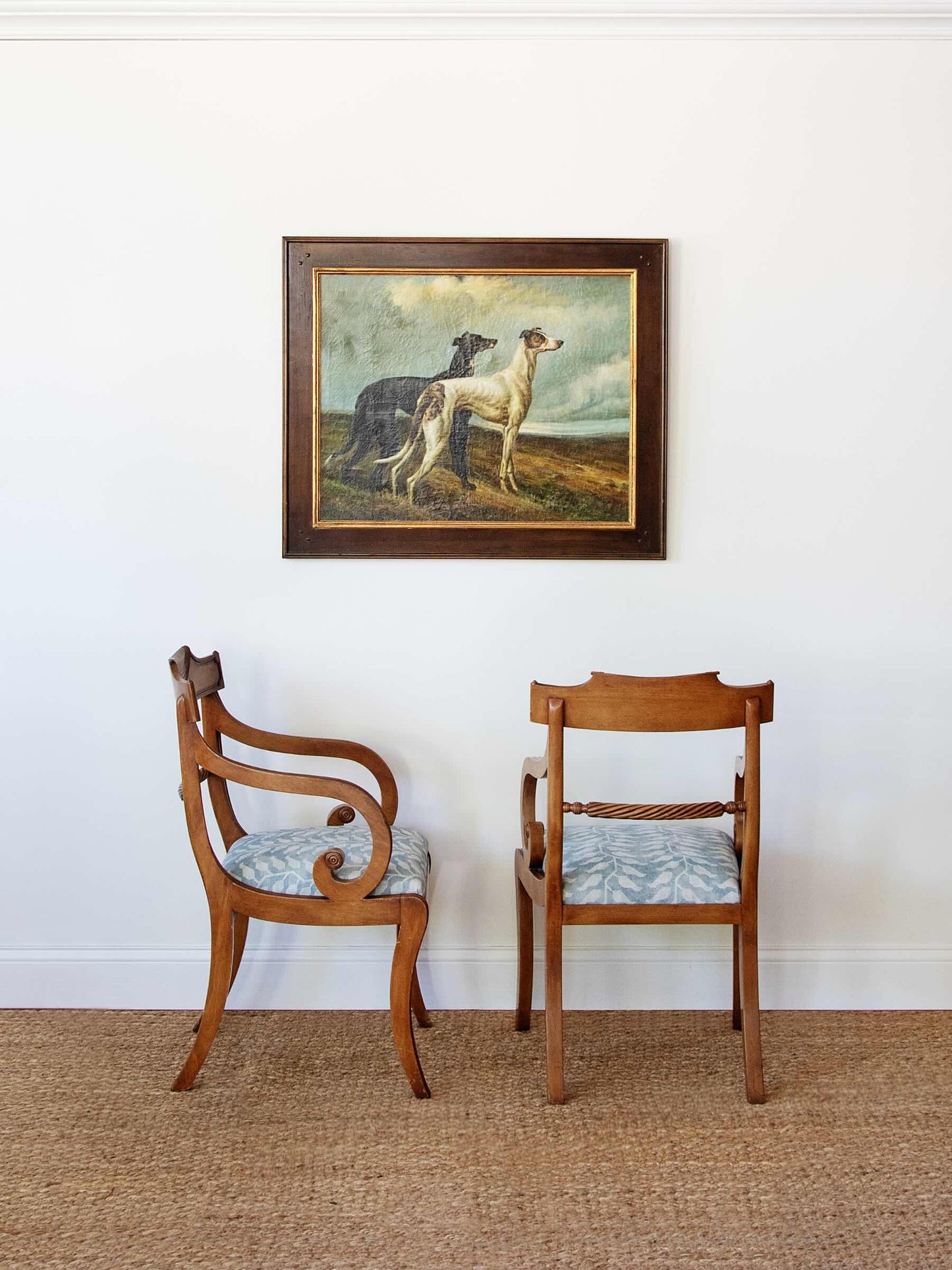 Pair of Custom Upholstered Regency Revival Scroll Arm Chairs in Honey Walnut Finish