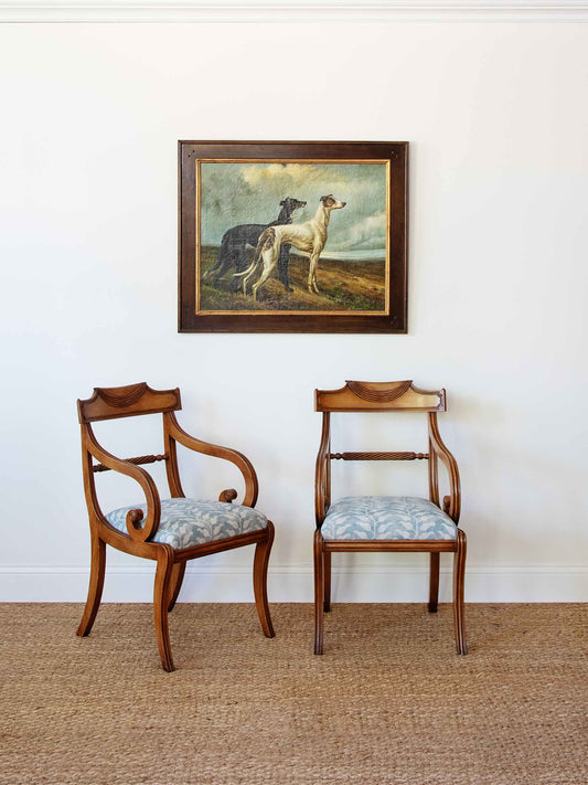 Pair of Custom Upholstered Regency Revival Scroll Arm Chairs in Honey Walnut Finish
