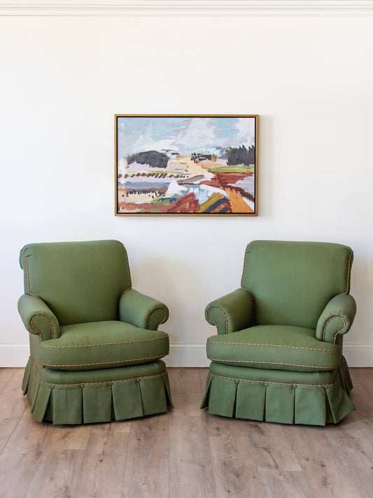Pair of Olive Green Wool Upholstered Club Chairs with Pleated Skirts and Decorative Rope Trim