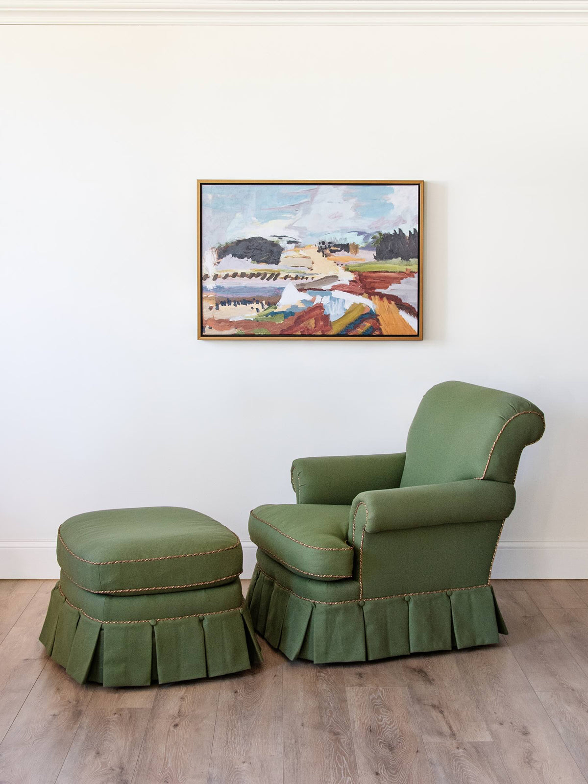 Pair of Olive Green Wool Upholstered Club Chairs with Pleated Skirts and Decorative Rope Trim