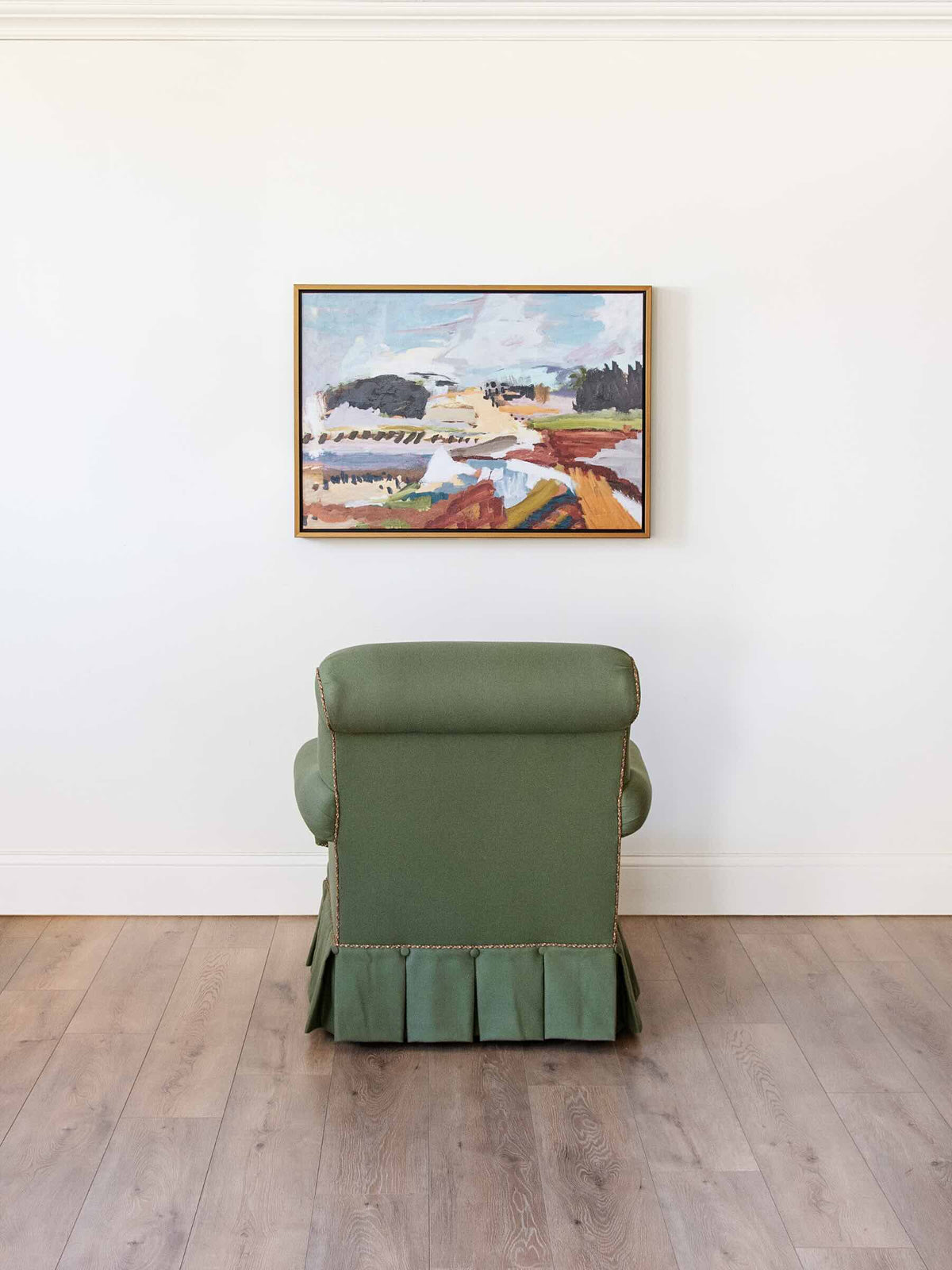 Pair of Olive Green Wool Upholstered Club Chairs with Pleated Skirts and Decorative Rope Trim