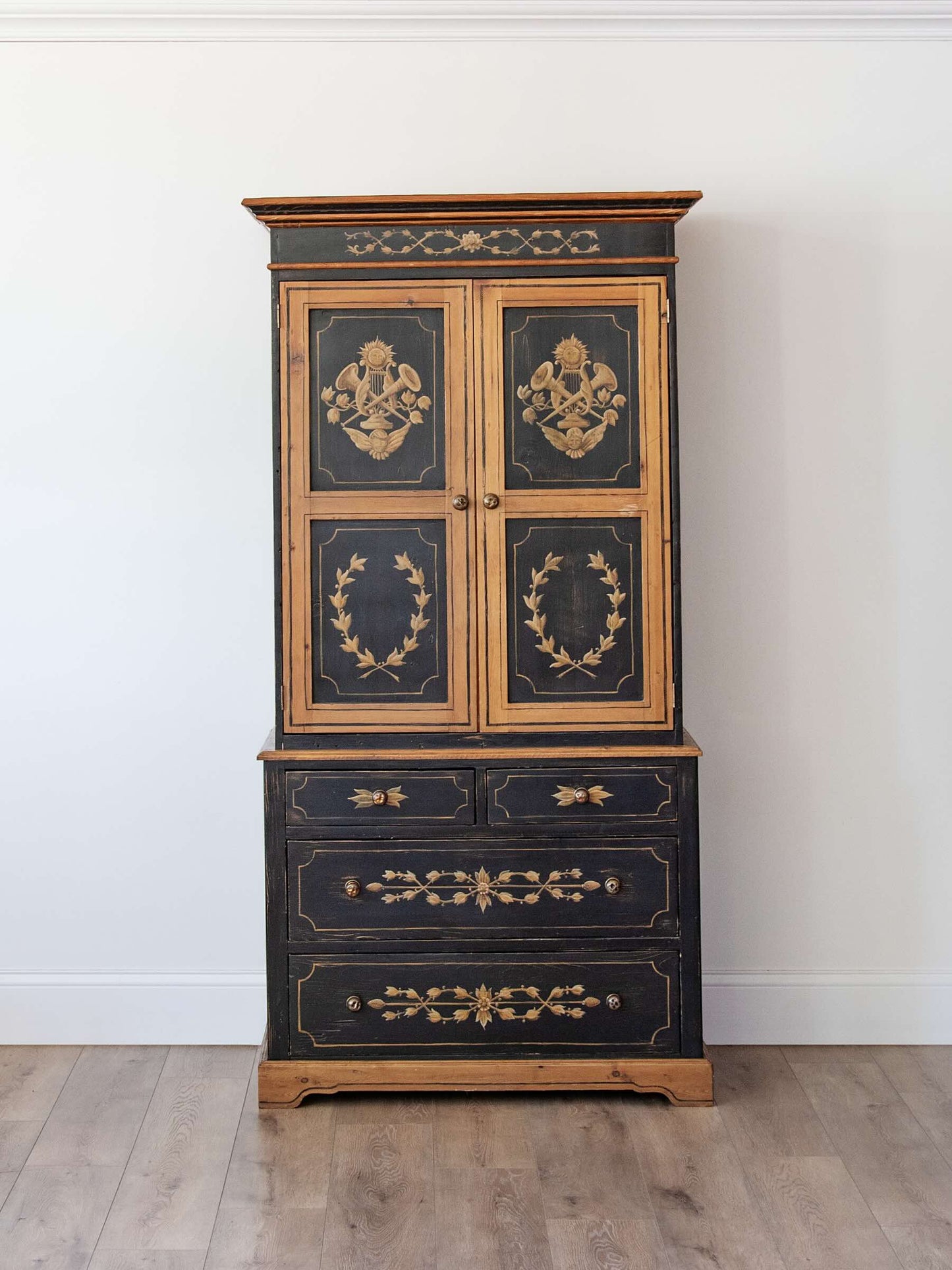 Scandinavian Black Painted Pine Linen Press with Hand-Painted Gustavian Folk Paint