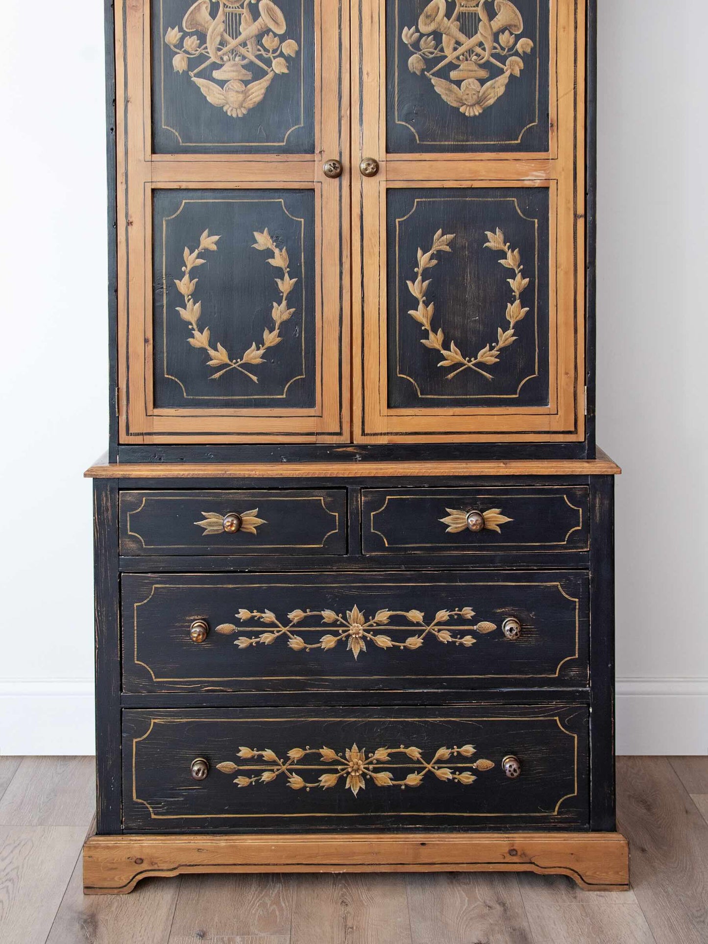 Scandinavian Black Painted Pine Linen Press with Hand-Painted Gustavian Folk Paint