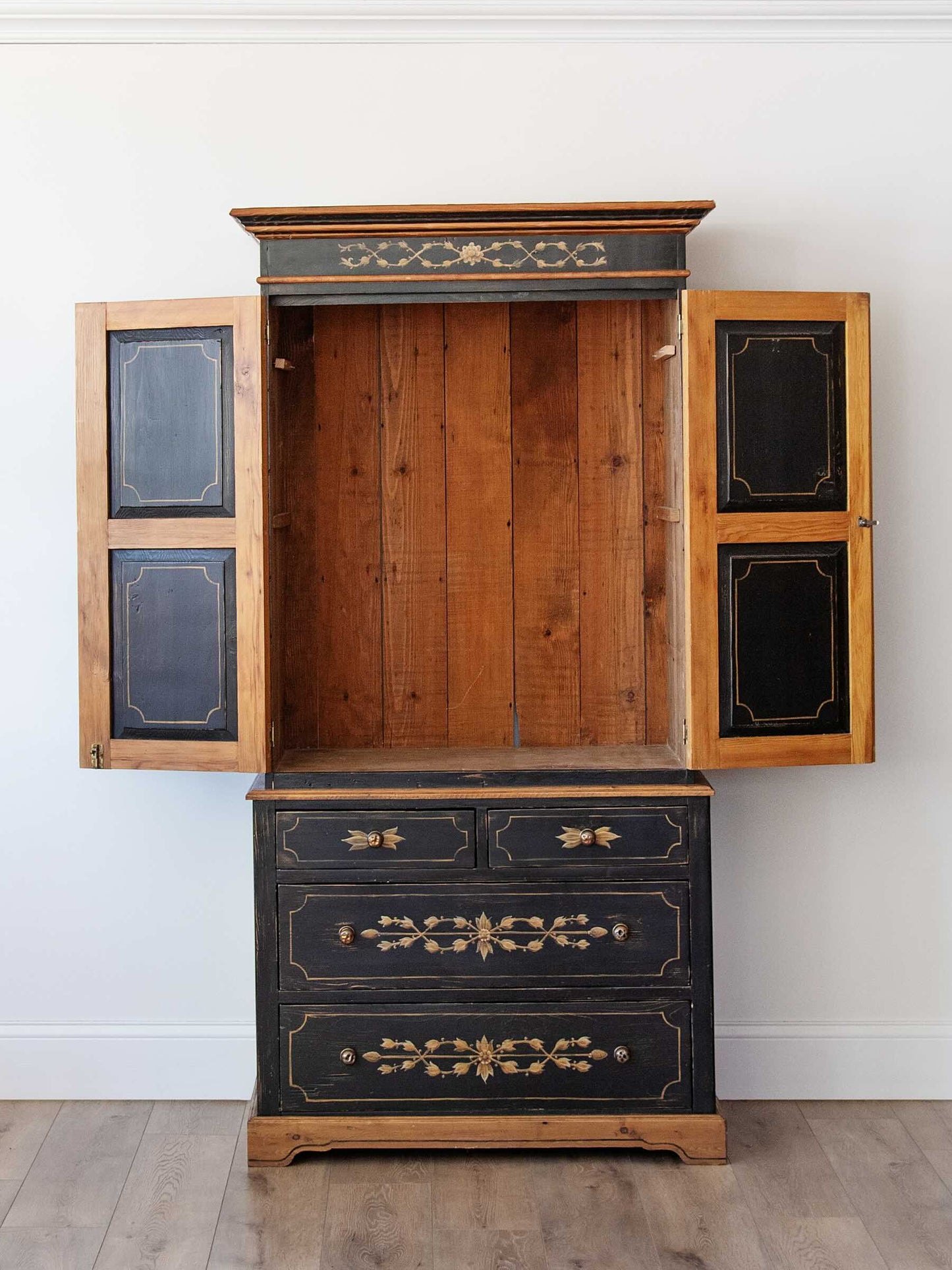 Scandinavian Black Painted Pine Linen Press with Hand-Painted Gustavian Folk Paint