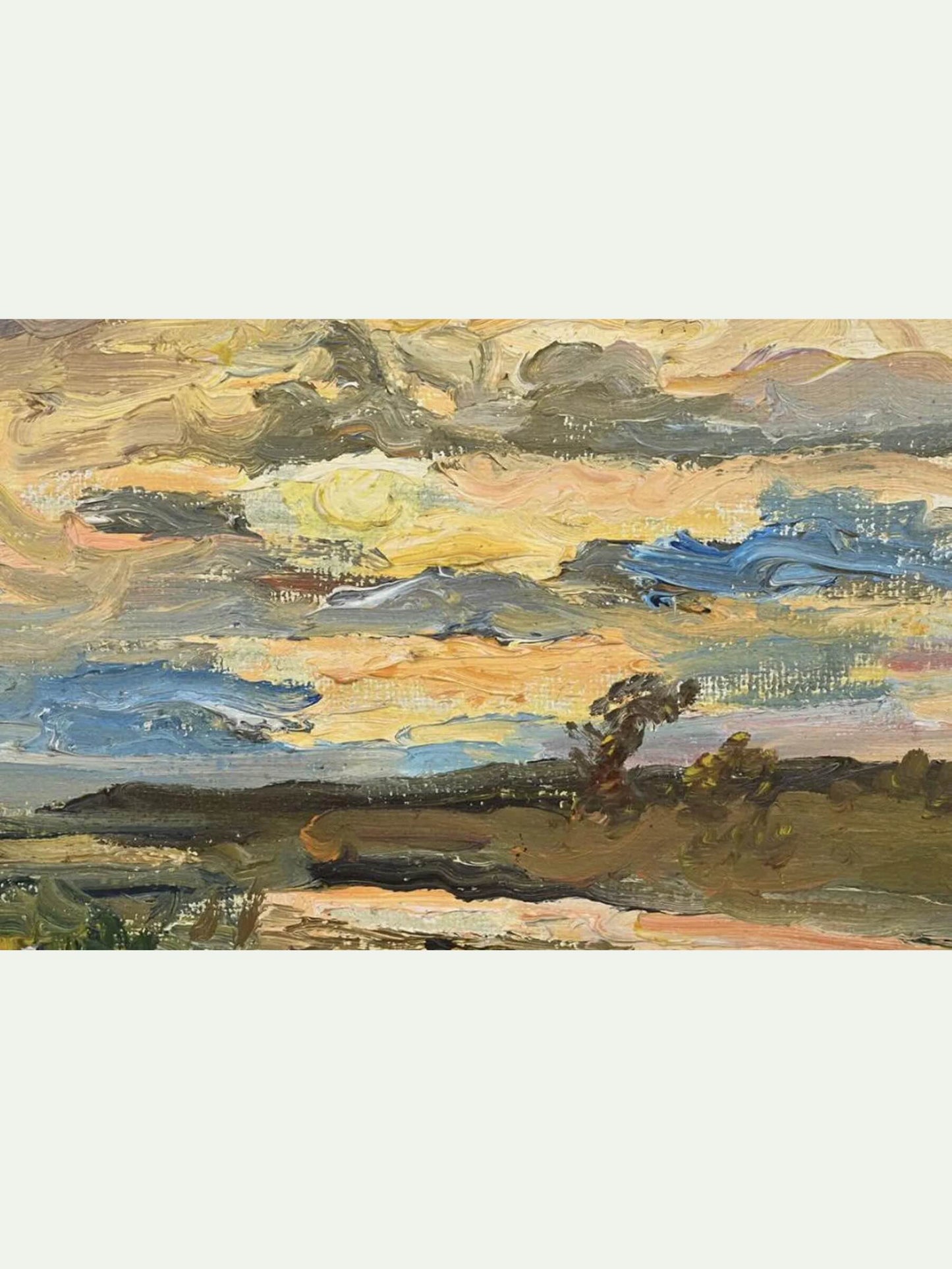 An impressionistic landscape painting featuring a dramatic sky with textured brushstrokes in yellow, blue, gray, and brown, with dark tree silhouettes along the horizon.