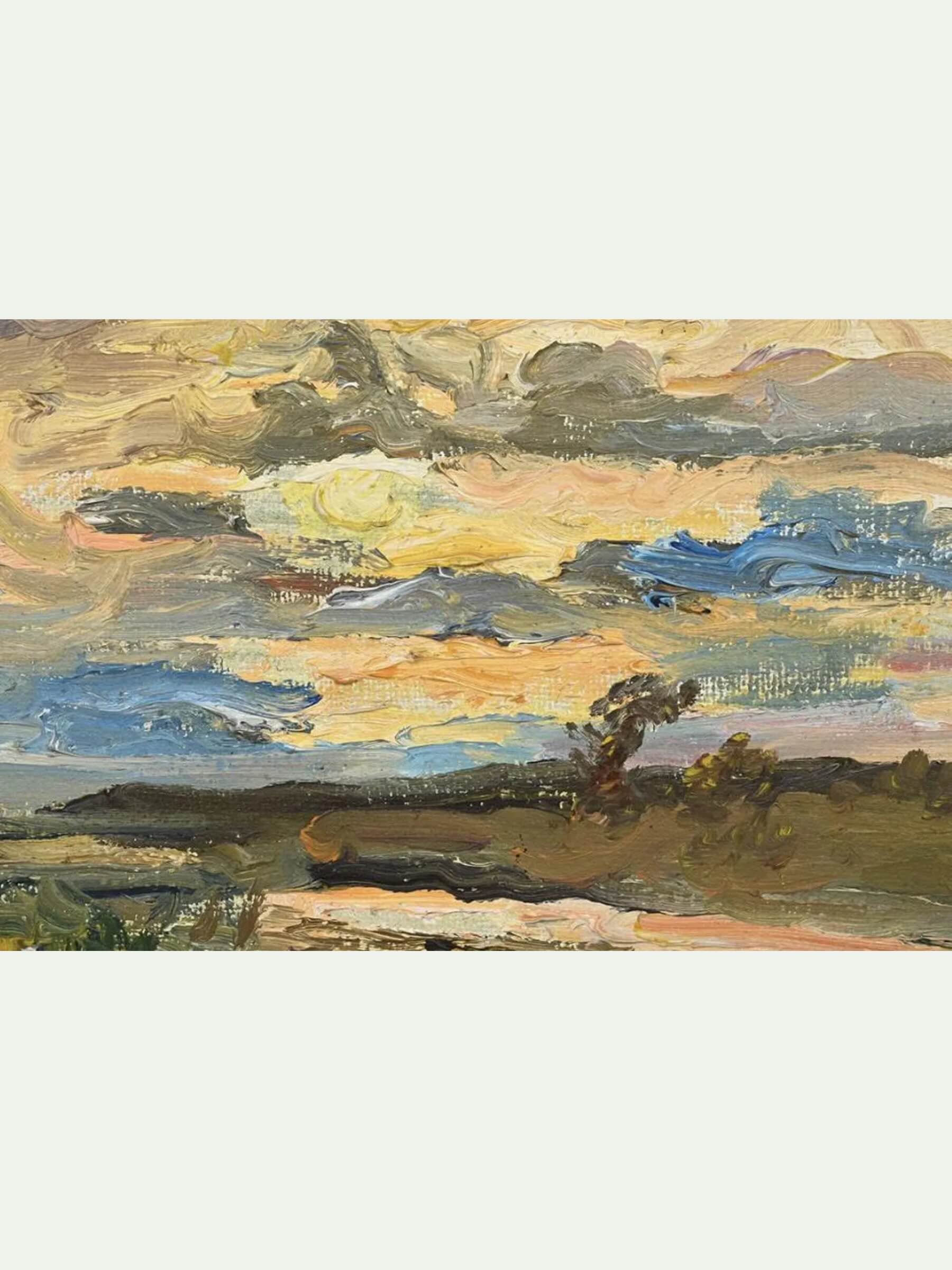 An impressionistic landscape painting featuring a dramatic sky with textured brushstrokes in yellow, blue, gray, and brown, with dark tree silhouettes along the horizon.