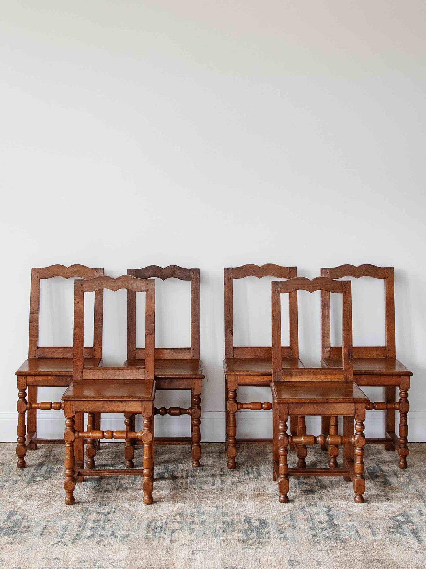 Set of 6 Antique Oak Dining Chairs with Turned Legs | 1800s Farmhouse Chairs