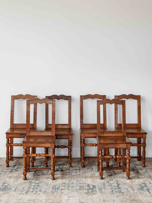 Set of 6 Antique Oak Dining Chairs with Turned Legs | 1800s Farmhouse Chairs