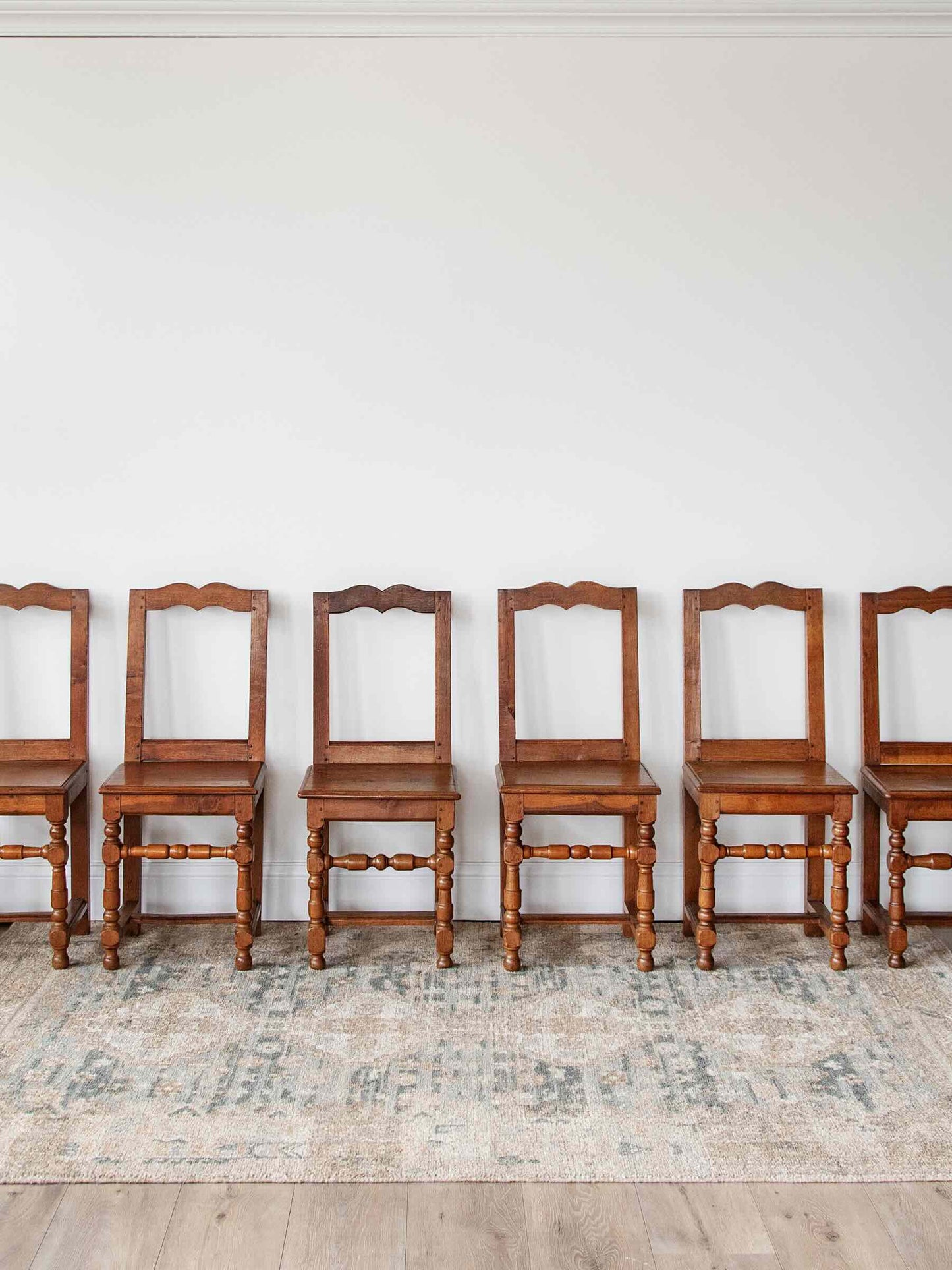 Set of 6 Antique Oak Dining Chairs with Turned Legs | 1800s Farmhouse Chairs