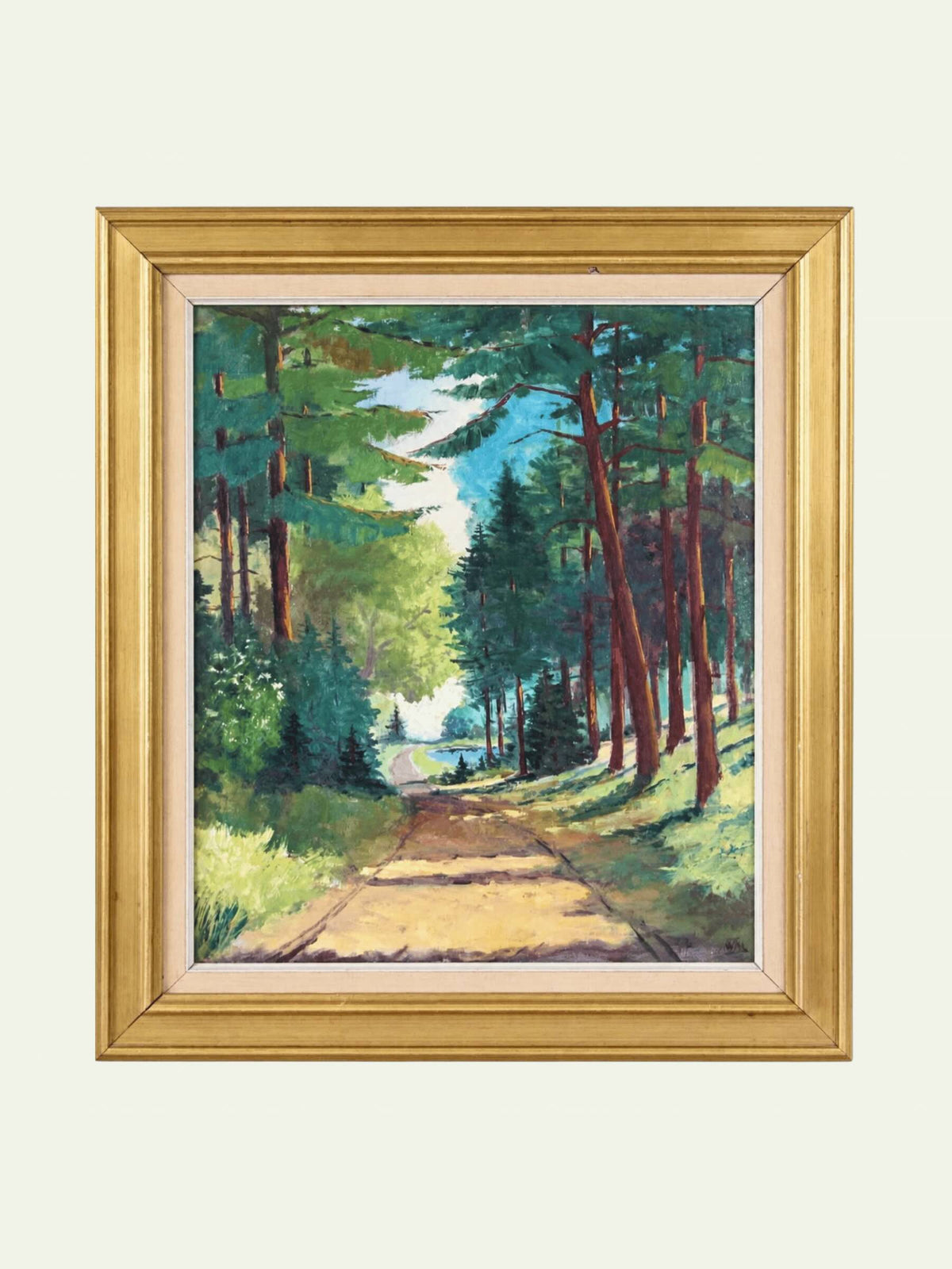 signed oil of sunlit forest path 