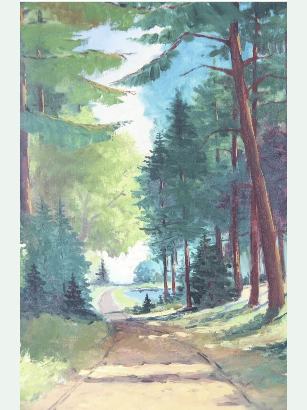 signed oil of sunlit forest path 