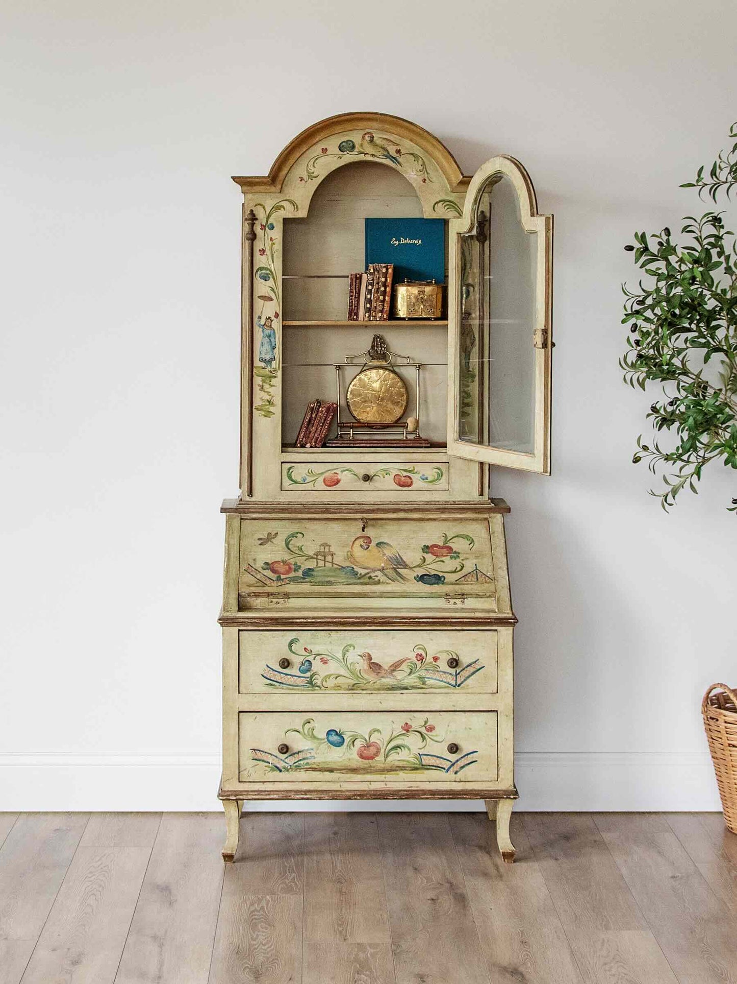 Venetian Folk Painted Secretary with Upper Bookshelf