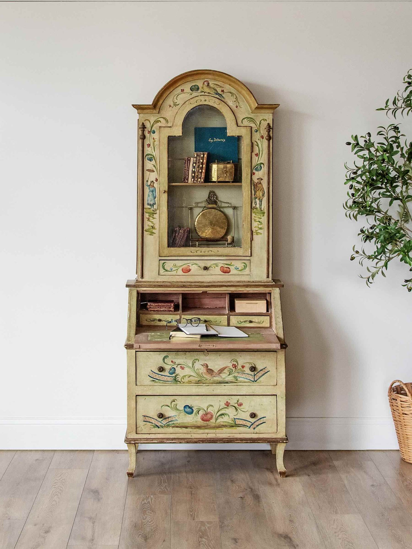 Venetian Folk Painted Secretary with Upper Bookshelf