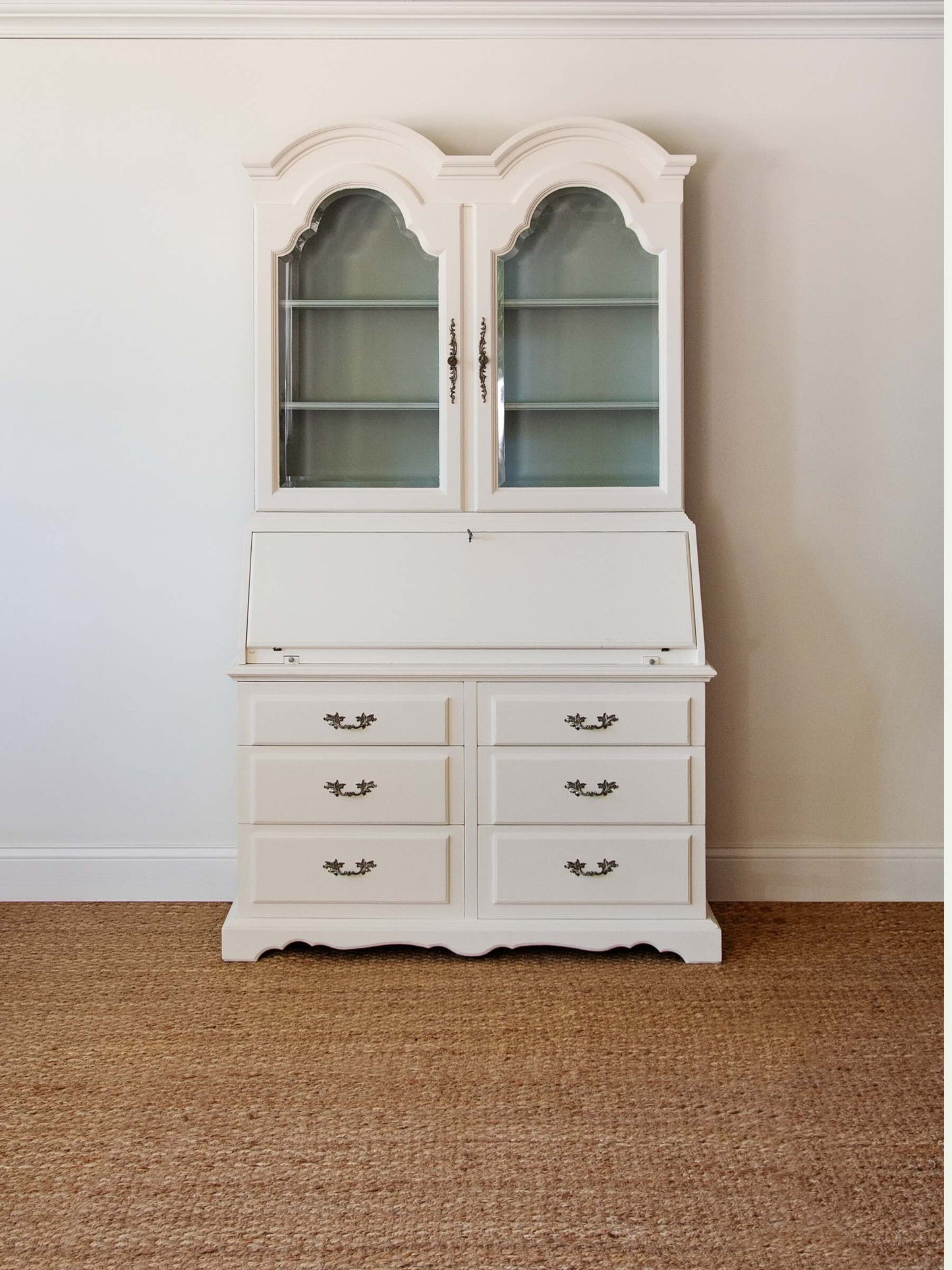 Vintage Gustavian Style Painted Secretary Bookcase with Glazed Display Cabinet