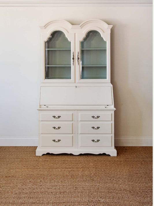 Vintage Gustavian Style Painted Secretary Bookcase with Glazed Display Cabinet