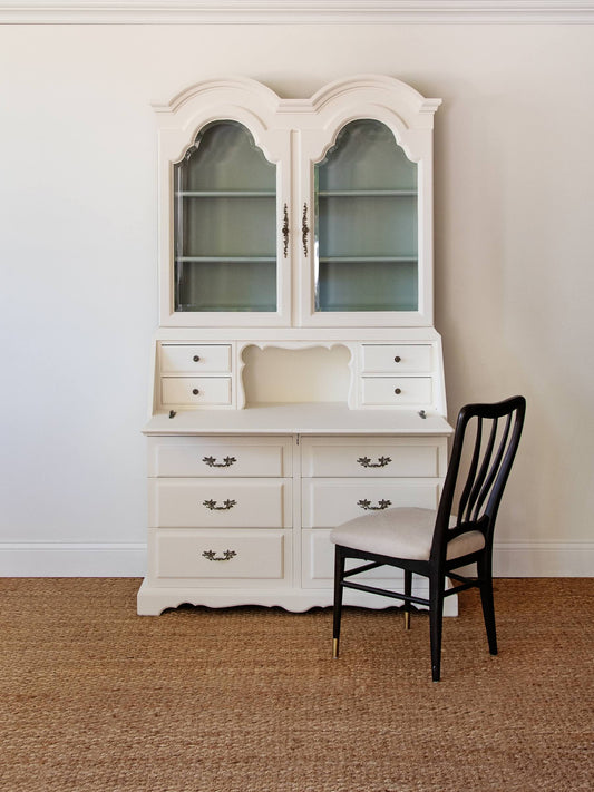 Vintage Gustavian Style Painted Secretary Bookcase with Glazed Display Cabinet