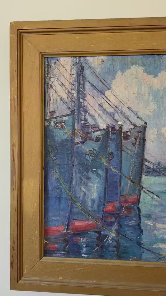 Antique Oil on Canvas - New England Harbor Scene